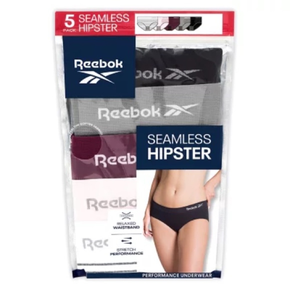 Reebok Seamless Hipster Underwear 5 Pk Black, Gray, White, Burgundy Pink Sm 4/6